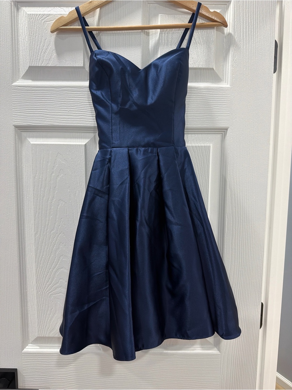 Blondie Nites Navy Satin Fit-and-Flare Prom Dress with Spaghetti Straps